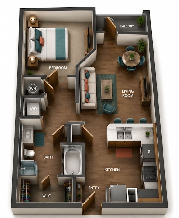A 3D floor plan of a small apartment with a living room, kitchen, bathroom, and bedrooms.