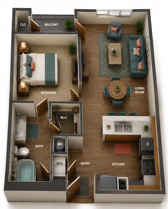 A 3D floor plan of a small apartment with a living room, kitchen, bedroom, and bathroom.
