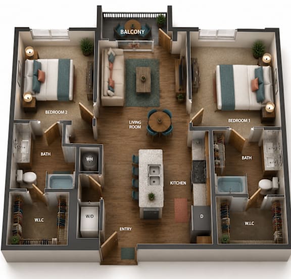 A 3D layout of a house showing the arrangement of rooms.