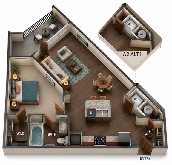 A 3D floor plan of a house showing the layout of the rooms.