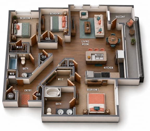 A 3D rendered image of a house layout with labeled rooms.
