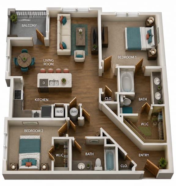 A 3D layout of a small apartment with a balcony, living room, kitchen, two bedrooms, and bathrooms.