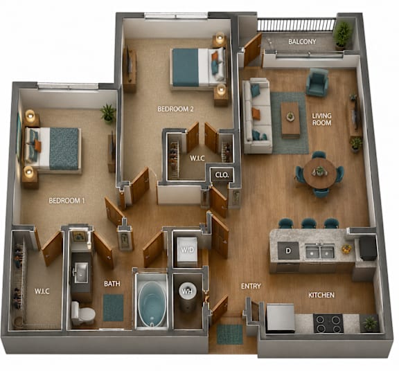 A 3D layout of a house showing the arrangement of the bedrooms, bathrooms, kitchen, and living room.