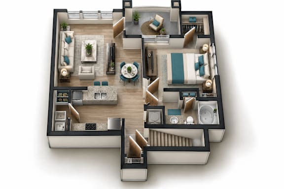 A top-down view of a modern apartment layout.