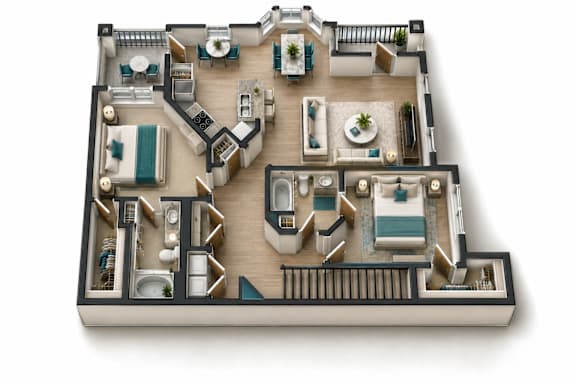 A 3D floor plan of a house with various rooms and furniture.