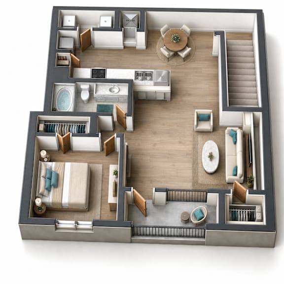 A 3D floor plan of a house with a living room, kitchen, and bathrooms.
