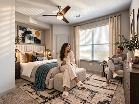 A woman in a white robe is sitting on a bed in a bedroom with a man sitting on a chair reading a book.