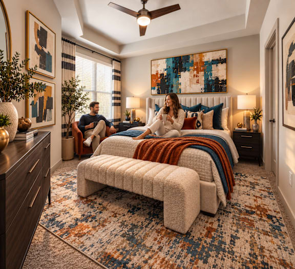 A woman is sitting on a couch in a room with a large bed and a rug.