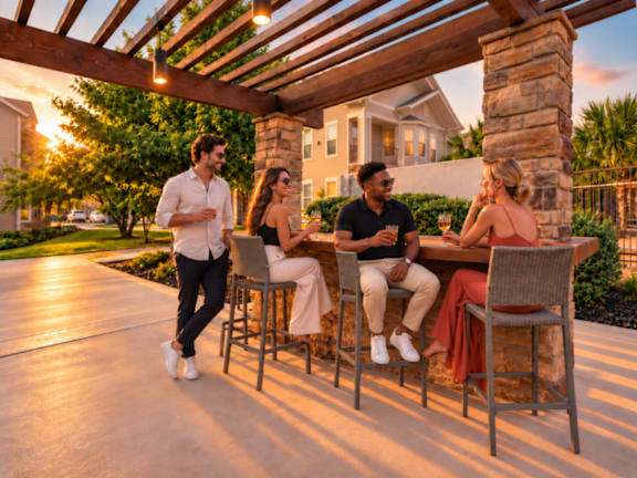 Four people are sitting at a table under a pergola.