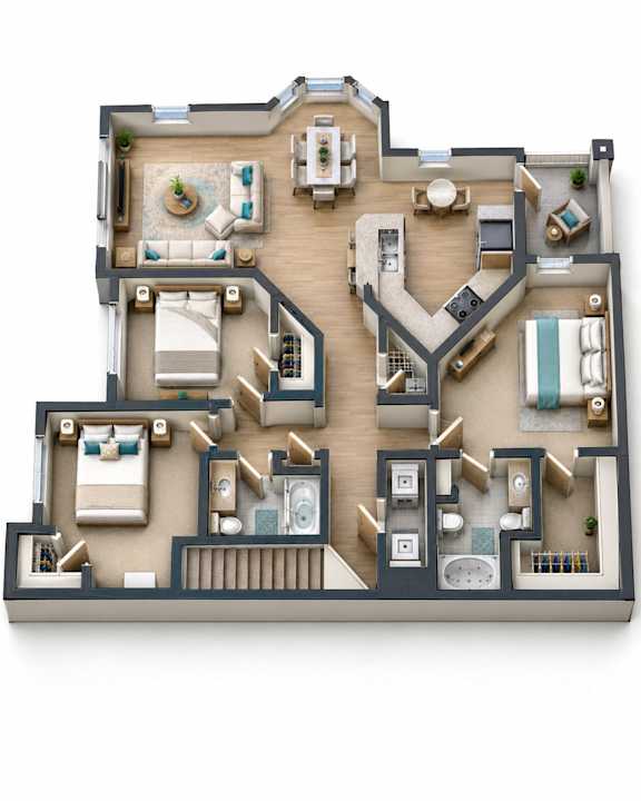 A detailed 3D floor plan of a multi-bedroom apartment.