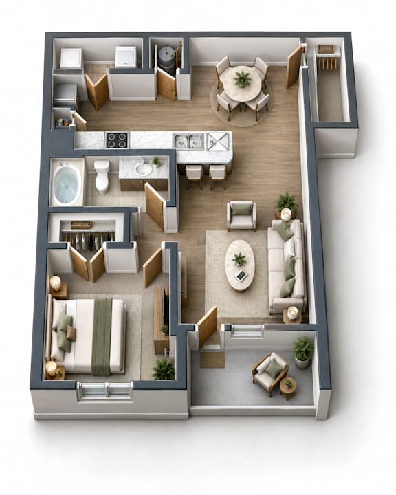 A 3D floor plan of a house showing the layout of the rooms.