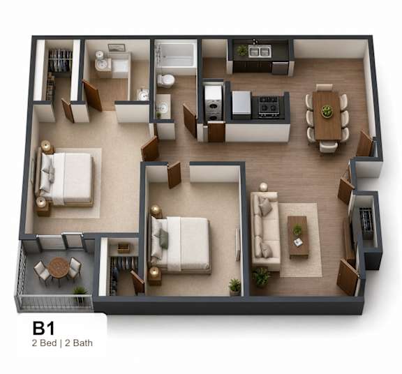 Floor Plan  A 2 bedroom apartment with 2 bathrooms is shown in this image.