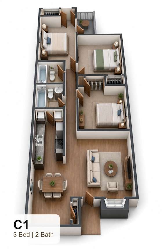 Floor Plan  A 3 Bedroom apartment with 2 Bathrooms is labeled C1.