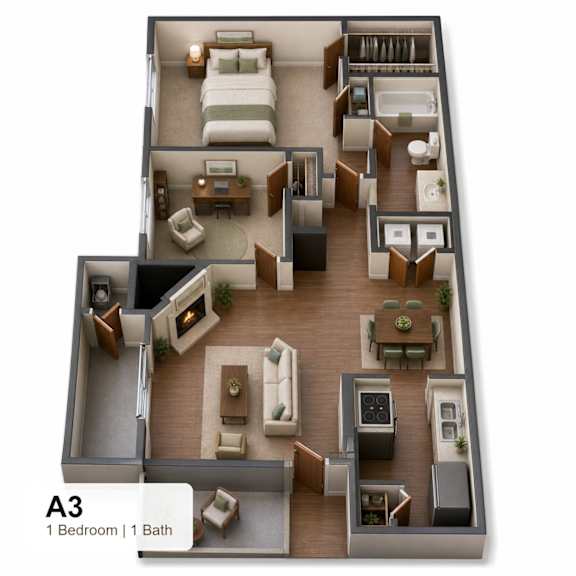 A 3D floor plan of a one bedroom apartment with a bathroom.
