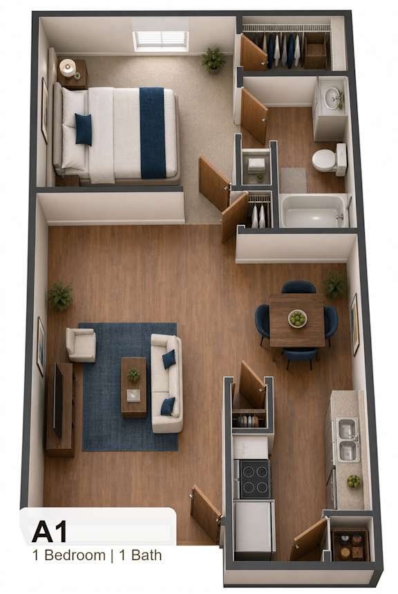A 1 bedroom apartment with 1 bathroom.