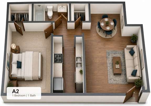 A 2 bedroom apartment with 1 bathroom.