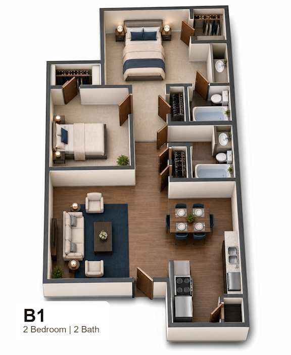 A floor plan of a one bedroom apartment with two bathrooms.