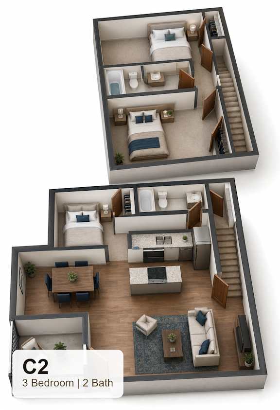 A 3 bedroom apartment with 2 bathrooms is displayed.