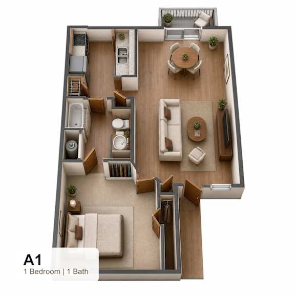 A 1 Bedroom apartment with 1 Bathroom.