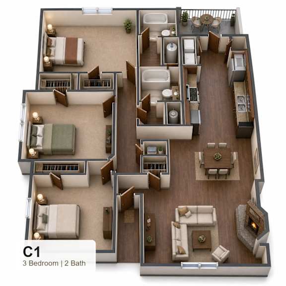 Floor Plan  A 3 bedroom apartment with 2 bathrooms is labeled C1.