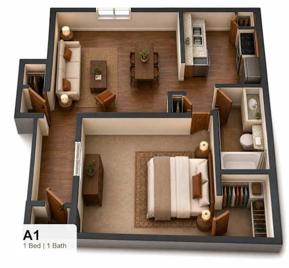 A 1 bedroom apartment with 1 bathroom.