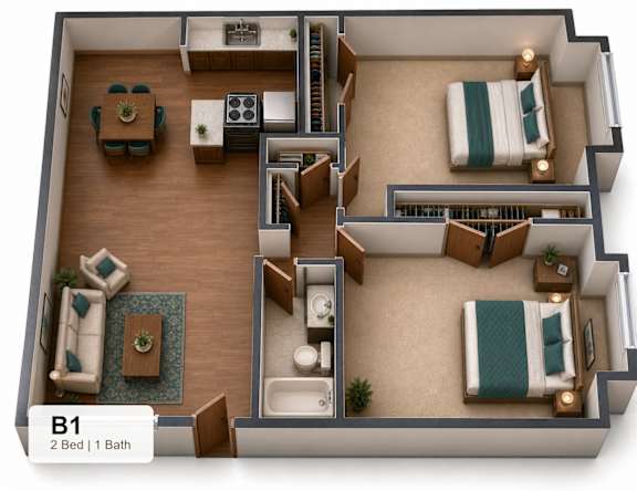 Floor Plan  A 2 bedroom apartment with one bathroom is labeled B1.