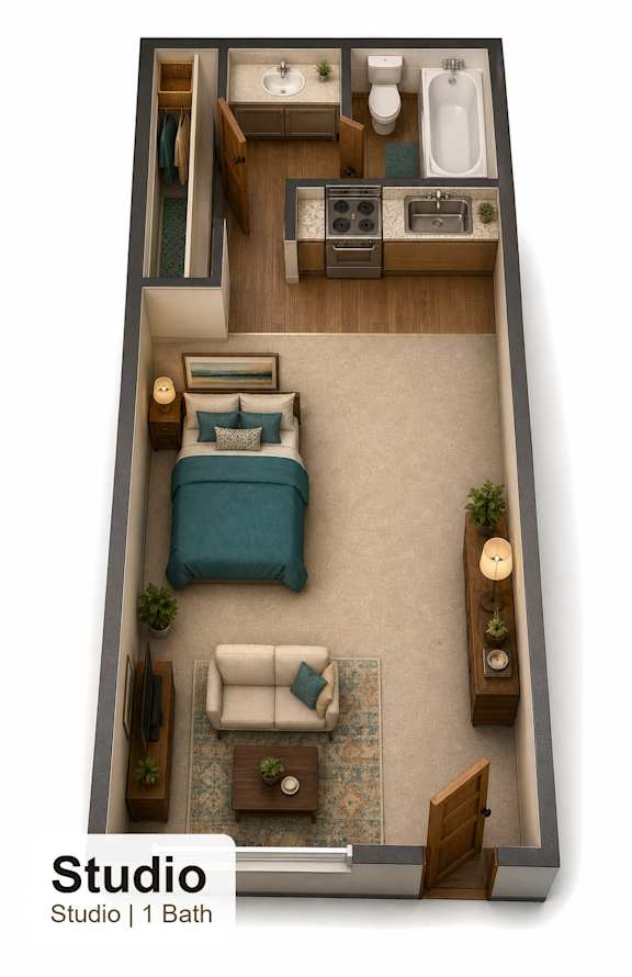 Floor Plan  A Studio apartment with 1 bath.
