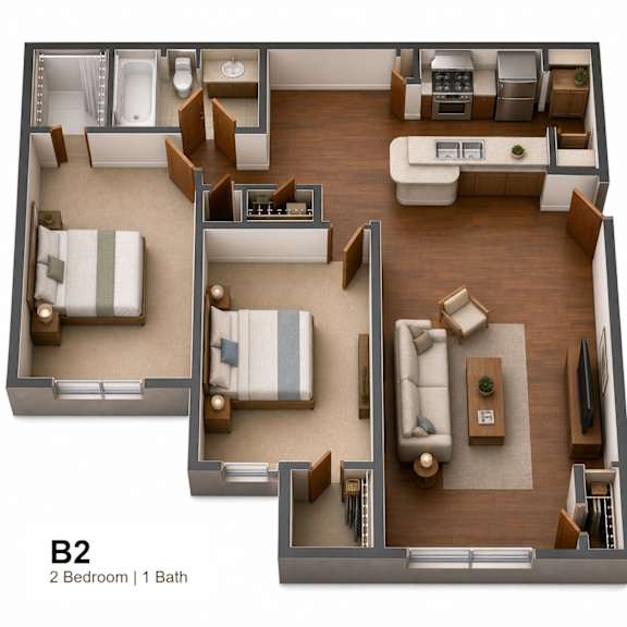Two bedroom 1 bathroom floorplan at The Meadows Apartments, Garland, 75043