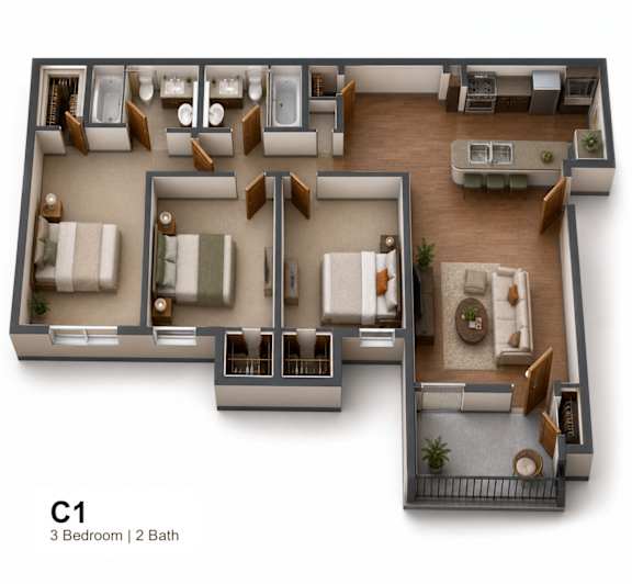 3 bed 2 bath floorplan with balcony at The Meadows Apartments, Garland, Texas