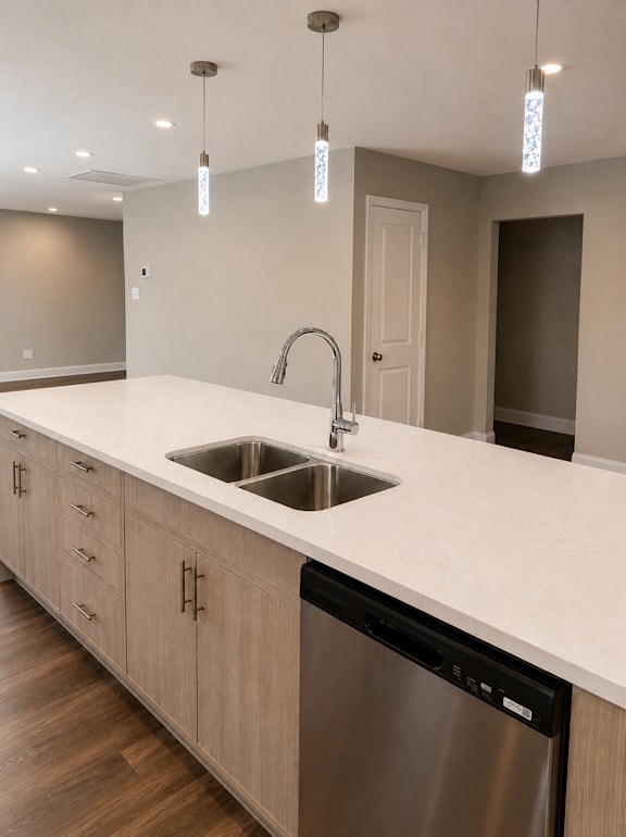 A modern kitchen with a stainless steel dishwasher and wooden cabinets.