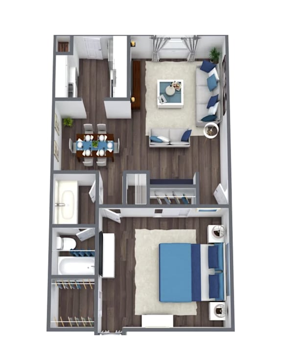 A top-down view of a modern apartment layout with a living room, kitchen, and dining area.