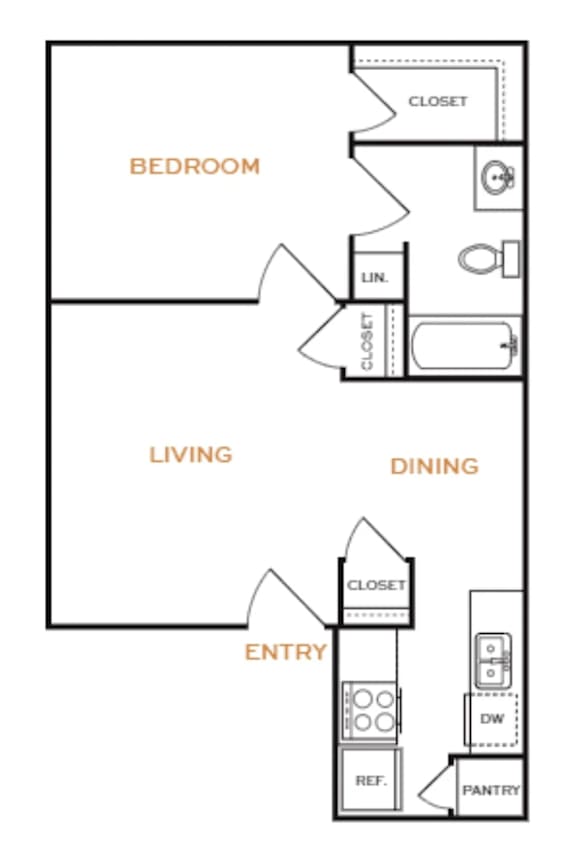 Floor Plan  A floor plan of a small apartment with a bedroom, living room, dining room, pantry, and entry.
