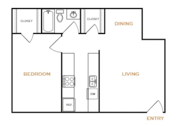 A floor plan of a room with a bedroom, living room, and dining area.