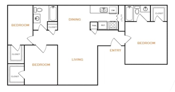 A floor plan of a house with three bedrooms, a living room, a dining room, a kitchen, a bathroom, and a laundry room.