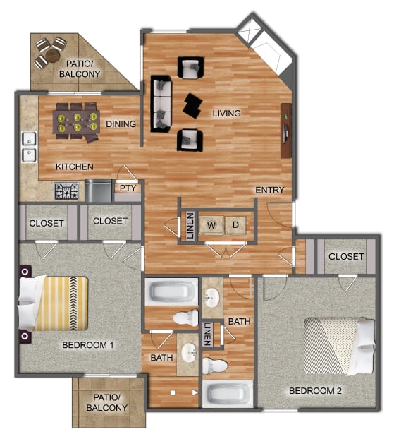Floor Plan  Two bedroom two bathroom floor plan layout at Shadow Ridge Apartments, Arlington