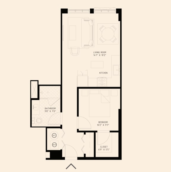 the floor plan of a one bedroom apartment with a closet
