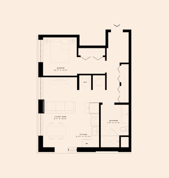 A floor plan of a house with a living room, dining room, kitchen, and bathrooms.