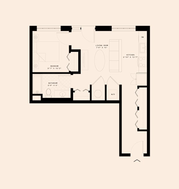 A floor plan of a house with a living room, kitchen, and bathrooms.