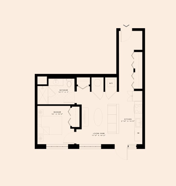 A floor plan of a house with a kitchen, living room, and two bedrooms.