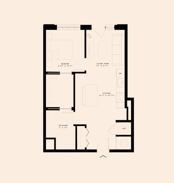 A floor plan of a house with a living room, kitchen, and bathroom.