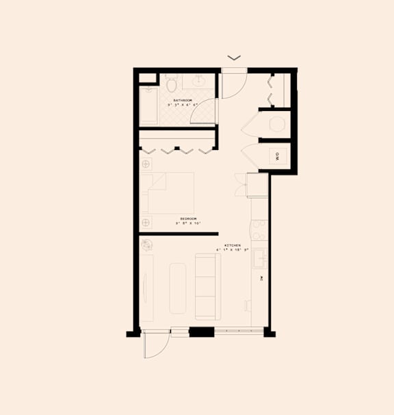 A floor plan of a house with a living room, kitchen, and two bedrooms.