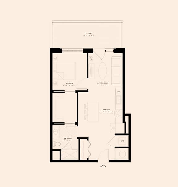 A floor plan of a house with a living room, dining room, kitchen, and bathrooms.