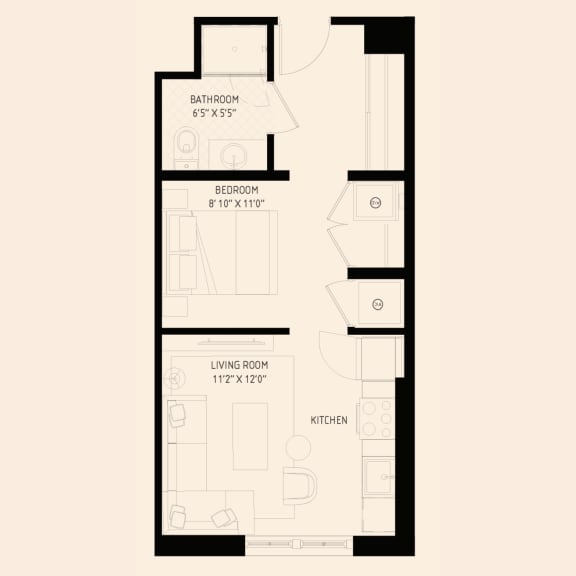 Floor Plan  floor plan of a studio apartment with one bathroom