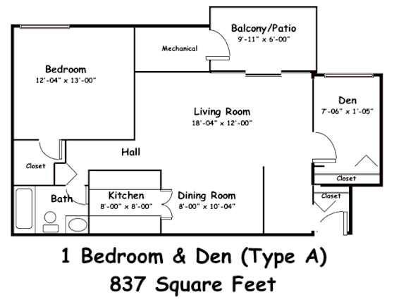 A floor plan of a 1 Bedroom and Den Type A, which is 837 square feet.