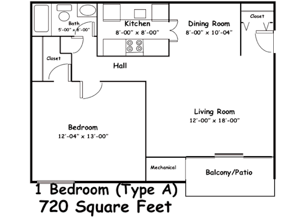 A floor plan of a 720 square feet one bedroom apartment.