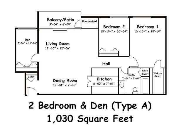 A floor plan of a 2 Bedroom and Den apartment.