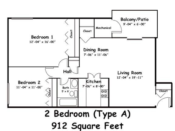 A drawing of a 2 Bedroom (Type A) house plan with a total area of 912 Square Feet.