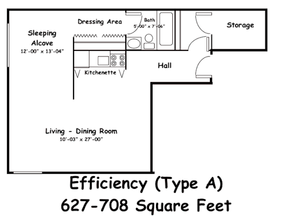 A floor plan for an Efficiency (Type A) room, which is 627-708 square feet.