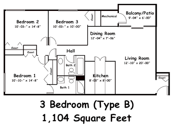 A floor plan of a 3 bedroom apartment with a living room, dining room, kitchen and bathrooms.