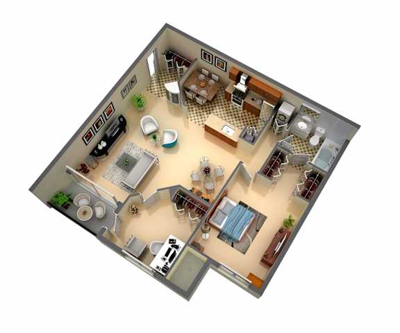 A 3D floor plan of a house with a kitchen, living room, dining room, and bedrooms.